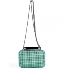 Hard-edge elegance gets an impossibly modern twist in Diane von Furstenbergs petite clutch, finished to perfection in cool mint chain mail - Metal frame, hinged top closure, removable snake-chain shoulder-strap, inside back wall slot pocket - Pair with cocktail dresses and statement pumps Hard-edge elegance gets an impossibly modern twist in Diane von Furstenbergs petite clutch, finished to perfection in cool mint chain mail - Metal frame, hinged top closure, removable snake-chain shoulder-strap, inside back wall slot pocket - Pair with cocktail dresses and statement pumps