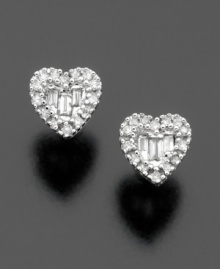 Show her you care with lovely 14k white gold heart-shaped diamond earrings featuring round and baguette-cut diamonds (1/7 ct. t.w.) for the perfect amount of sparkle. Show her you care with lovely 14k white gold heart-shaped diamond earrings featuring round and baguette-cut diamonds (1/7 ct. t.w.) for the perfect amount of sparkle.