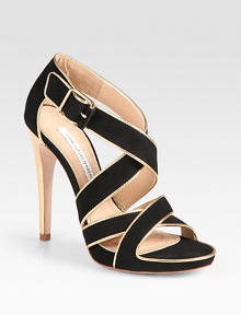 Strappy suede confection surrounded by metallic leather trim, finished with an adjustable ankle strap and skinny heel. Metallic leather heel, 4½ (115mm)Covered platform, ½ (15mm)Compares to a 4 heel (100mm)Suede and metallic leather upperLeather lining and solePadded insoleImported