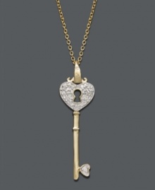 Unlock the key to her heart with this symbolic style. A heart-shaped key pendant with a cut-out keyhole shines with the addition of sparkling, round-cut diamonds (1/10 ct. t.w.). Setting and chain crafted in 18k gold over sterling silver. Approximate length: 18 inches. Approximate drop: 1-3/8 inches. Unlock the key to her heart with this symbolic style. A heart-shaped key pendant with a cut-out keyhole shines with the addition of sparkling, round-cut diamonds (1/10 ct. t.w.). Setting and chain crafted in 18k gold over sterling silver. Approximate length: 18 inches. Approximate drop: 1-3/8 inches.