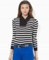 Lauren Ralph Lauren's soft cotton jersey pullover is made complete with breezy stripes, a heritage shawl collar and chic zip-up detailing.