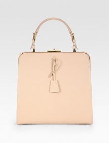 Saffiano leather in a frame-top carryall with hardware detail and a tonal luggage tag.Top handle with buckle, 4½ dropPush-lock closureProtective metal feetOne inside zip pocketThree inside open pocketsLeather lining11½W X 11¼H X 3½DMade in Italy Saffiano leather in a frame-top carryall with hardware detail and a tonal luggage tag.Top handle with buckle, 4½ dropPush-lock closureProtective metal feetOne inside zip pocketThree inside open pocketsLeather lining11½W X 11¼H X 3½DMade in Italy
