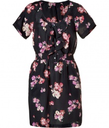 Adorable black scattered blooms dress by Juicy Couture - Channel your inner sexy secretary in this lovely floral silk dress - Super flattering mini style with front ruffle details and a shirred waist - Wear with over-the-knee wool socks, an oversized wool cardigan, and platforms