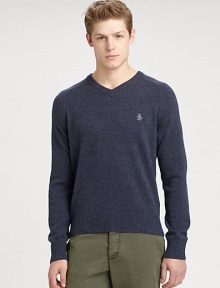 Classic-fit sweater shaped in pure lambswool with contrasting donegal details, accented with embroidered penguin detail at the chest.V-neckRibbed knit collar, cuffs and hemLambswoolDry cleanImported Classic-fit sweater shaped in pure lambswool with contrasting donegal details, accented with embroidered penguin detail at the chest.V-neckRibbed knit collar, cuffs and hemLambswoolDry cleanImported