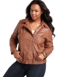 Kick start your casual look with Dollhouse's plus size motorcycle jacket, crafted from sexy faux leather!