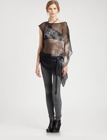 An edgy-chic take on layering, this semi-sheer top of pure silk has asymmetrically draped details and an abstract, yet subtle print. BoatneckSingle short sleeveSingle long kimono sleeveSelf-beltAsymmetrical hemSilk chiffonDry cleanImported of Italian fabricModel shown is 5'10 (177cm) wearing US size Small.