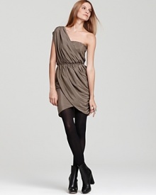 Grecian-inspired draping is standout on this BCBGeneration dress, boasting a one-shoulder silhouette and wrap-style skirt. A cocktail party sensation, punctuate the look with tough-luxe booties.