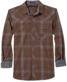Sean John dresses up the down-home plaid with a tonal check, contrast cuffs, front yoke, and single button-flap pocket. Sean John dresses up the down-home plaid with a tonal check, contrast cuffs, front yoke, and single button-flap pocket.