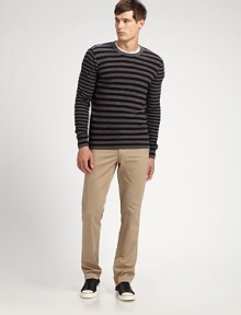 A classic crewneck pullover in wide, bold stripes and the luxury of pure cashmere.Ribbed crewneck Long sleeves with ribbed cuffs Ribbed hem Cashmere Dry clean Imported