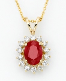 A red hot sensation! Necklace by the Effy Collection features an oval-cut ruby (1-3/8 ct. t.w.) surrounded by sparkling round-cut diamonds (3/8 ct. t.w.). Set in 14k gold. Approximate length: 18 inches. Approximate drop: 3/4 inch. A red hot sensation! Necklace by the Effy Collection features an oval-cut ruby (1-3/8 ct. t.w.) surrounded by sparkling round-cut diamonds (3/8 ct. t.w.). Set in 14k gold. Approximate length: 18 inches. Approximate drop: 3/4 inch.