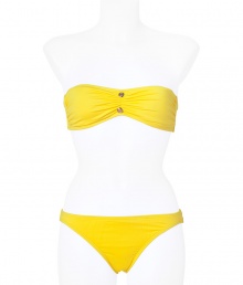 Look supremely sexy in this luxe bandeau bikini from Juicy Couture - Classic bandeau top with gold-tone hardware, classic slip-on bikini bottoms with back ruching and gold-tone logo hardware - Pair with a sheer caftan, wedge sandals, a floppy sunhat Look supremely sexy in this luxe bandeau bikini from Juicy Couture - Classic bandeau top with gold-tone hardware, classic slip-on bikini bottoms with back ruching and gold-tone logo hardware - Pair with a sheer caftan, wedge sandals, a floppy sunhat