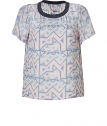 With a cool graphic print in soft shades of pastel, Marc by Marc Jacobs silk tee lends a sweet feminine edge to any outfit - Round neckline with solid trim, short sleeves, pleat detailing at nape - Loosely draped fit - Wear with figure-hugging separates and bright leather accessories