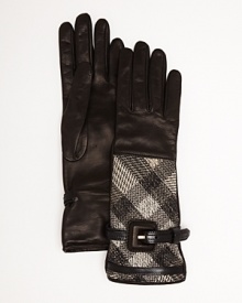 Lined with silk, Burberry's black lambskin leather gloves exude British cool with a woven check detail and buckle.