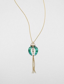 From the Lucite Teatro Moderne Collection. Two graceful cresents of hand-painted, hand-sculpted Lucite, with the rich coloration of malachite, are embellished with faceted Swarovski crystals that hold a golden chain tassel.CrystalLuciteGoldtoneChain length, about 32Lobster claspMade in USA From the Lucite Teatro Moderne Collection. Two graceful cresents of hand-painted, hand-sculpted Lucite, with the rich coloration of malachite, are embellished with faceted Swarovski crystals that hold a golden chain tassel.CrystalLuciteGoldtoneChain length, about 32Lobster claspMade in USA
