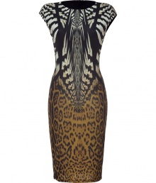 Eye-catching and elegant, Roberto Cavallis animal print sheath radiates the brands iconic Italian aesthetic - Rounded neckline, cap sleeves, form-fitting - Pair with platform peep-toes and a clutch