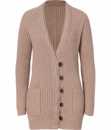 Cozy and exquisitely chic, Brunello Cucinellis ribbed cashmere cardigan guarantees a luxurious finish to casual daytime looks - Layered V-neckline, long sleeves, hooked button closures, patch pockets, back vent - Long, lean silhouette - Wear with fitted tops and slim-fit trousers