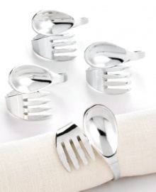 Flatware, with a twist! Excell takes inspiration from other place setting essentials, molding forks and spoons into playful napkin rings. A silver finish dresses up sturdy brass. Flatware, with a twist! Excell takes inspiration from other place setting essentials, molding forks and spoons into playful napkin rings. A silver finish dresses up sturdy brass.