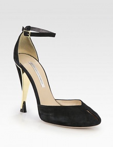 Leave a lasting impression in this elevated, Italian-crafted shape with a flirty keyhole toe and brilliant goldtone hardware and accents.Self-covered and metal heel, 5 (125mm)Suede upperAdjustable ankle strapLeather lining and solePadded insoleMade in Italy