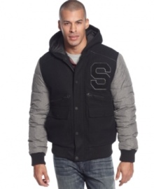 Letter with a capital S for winning style: Sean John varsity jacket with hood and four-pocket front. Letter with a capital S for winning style: Sean John varsity jacket with hood and four-pocket front.