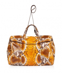 Ultra-luxe handbag in genuine python leather and suede - Vibrant, ocher snake motif - Spacious, zip-around tote style with single handle and removable shoulder strap - Lined in red suede, with two small, open pockets and one larger, interior zip pocket - Gold hardware closure - Sumptuous and sophisticated, a true standout - Gorgeous shade and clever shape go from day to evening Ultra-luxe handbag in genuine python leather and suede - Vibrant, ocher snake motif - Spacious, zip-around tote style with single handle and removable shoulder strap - Lined in red suede, with two small, open pockets and one larger, interior zip pocket - Gold hardware closure - Sumptuous and sophisticated, a true standout - Gorgeous shade and clever shape go from day to evening