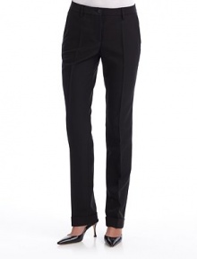 THE LOOKFlat-front styleNarrow waistband with belt loops, button closure & interior button tabFront zipperSide pocketsBack waist dartsCuffed hemTHE FITRise, about 9Inseam, about 32THE MATERIAL57% wool/43% triacetateCARE & ORIGINDry cleanMade in Italy THE LOOKFlat-front styleNarrow waistband with belt loops, button closure & interior button tabFront zipperSide pocketsBack waist dartsCuffed hemTHE FITRise, about 9Inseam, about 32THE MATERIAL57% wool/43% triacetateCARE & ORIGINDry cleanMade in Italy