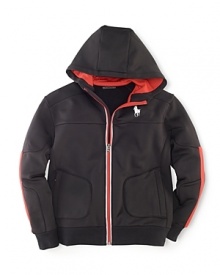 Fully lined in super-cozy fleece, a bold track jacket boasts reflective taping and mesh detailing for cool, athletic appeal. Fully lined in super-cozy fleece, a bold track jacket boasts reflective taping and mesh detailing for cool, athletic appeal.