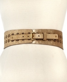 Golden goddess. Glam up your everyday look with this luxe leather belt from Fossil. Featuring signature-embossed detailing and slim C-ring buckle, it's the perfect way to upgrade any ensemble. Golden goddess. Glam up your everyday look with this luxe leather belt from Fossil. Featuring signature-embossed detailing and slim C-ring buckle, it's the perfect way to upgrade any ensemble.