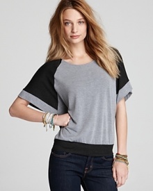 Red Haute does casual cool--raglan sleeves and contrasting hues lend a laid-back look.