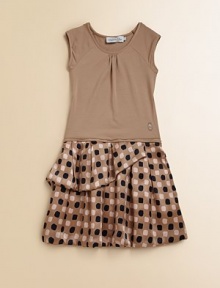 Airy and lovely silk is printed with a colorful polka dot pattern and embellished with pretty pleats.SleevelessButton frontFull pleated skirtSilkDry cleanImported Airy and lovely silk is printed with a colorful polka dot pattern and embellished with pretty pleats.SleevelessButton frontFull pleated skirtSilkDry cleanImported
