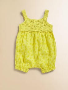 A dainty crochet design and pretty floral print come together on this vivid one-piece to create a knockout ensemble.ScoopneckSleevelessBack buttonsCrochet bodiceBottom snapsElastic hemCottonHand washImported Please note: Number of buttons and snaps may vary depending on size ordered. A dainty crochet design and pretty floral print come together on this vivid one-piece to create a knockout ensemble.ScoopneckSleevelessBack buttonsCrochet bodiceBottom snapsElastic hemCottonHand washImported Please note: Number of buttons and snaps may vary depending on size ordered.
