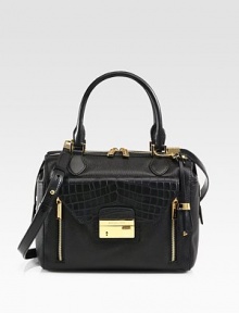 Beautiful pebbled leather accented with luxurious crocodile embossed leather and radiant hardware.Double top handles, 5½ dropDetachable adjustable shoulder strap, 21-22 dropTop zip closureProtective metal feetOne outside flap pocketOne inside zip pocketTwo inside open pocketsFully lined11½W X 9H X 6½DImported Beautiful pebbled leather accented with luxurious crocodile embossed leather and radiant hardware.Double top handles, 5½ dropDetachable adjustable shoulder strap, 21-22 dropTop zip closureProtective metal feetOne outside flap pocketOne inside zip pocketTwo inside open pocketsFully lined11½W X 9H X 6½DImported