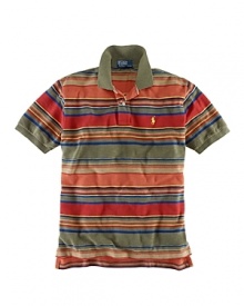 Designed with a bold multi-striped pattern, a short-sleeved polo shirt is tailored for a roomy, relaxed fit from breathable cotton mesh. Designed with a bold multi-striped pattern, a short-sleeved polo shirt is tailored for a roomy, relaxed fit from breathable cotton mesh.