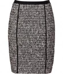 Work a lady-chic edge into your contemporary tailored look with DKNYs optical tweed skirt - Black trim, hidden back zip, kick pleat - Paneled, form-fitting silhouette - Team with blazers, feminine tops, and chic streamlined accessories Work a lady-chic edge into your contemporary tailored look with DKNYs optical tweed skirt - Black trim, hidden back zip, kick pleat - Paneled, form-fitting silhouette - Team with blazers, feminine tops, and chic streamlined accessories