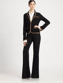 This iconic knit cricket jacket is trimmed with hand-applied metallic sequins.Notched lapelsPatch pocketsButton frontSequined trimAbout 23 from shoulder to hem58% silk/32% viscose/10% nylonDry cleanMade in ItalyModel shown is 5'9½ (176cm) wearing US size Small. This iconic knit cricket jacket is trimmed with hand-applied metallic sequins.Notched lapelsPatch pocketsButton frontSequined trimAbout 23 from shoulder to hem58% silk/32% viscose/10% nylonDry cleanMade in ItalyModel shown is 5'9½ (176cm) wearing US size Small.