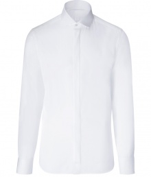 Elegant button down in fine, crisp white cotton - Modern, ultra-slim cut - Fitted torso with a chic, pleated button placket - Small collar and decorative cuffs - Sleek darts at back accentuate a narrow silhouette - A fresh take on classic cool, easily dressed up or down - Pair with jeans, chinos or dress trousers and a blazer or pullover