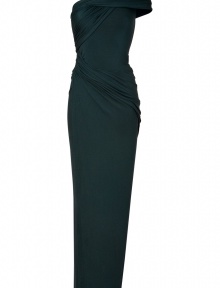 Super flattering and equally exquisite, Donna Karans modern draped evening gown guarantees a glamorous feminine finish to your contemporary evening look - Draped neckline, draped short sleeve, double layered strap detail, contoured gathered back seam, asymmetrical cut, deep side slit - Floor-length, form-fitting silhouette - Wear with shimmering fine jewelry and statement accessories