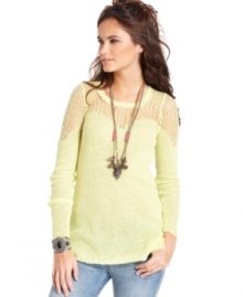 An open-stitch knit inset with sweetheart neckline adds unexpected eye-catching appeal to this Free People sweater -- a hot fall must-have! An open-stitch knit inset with sweetheart neckline adds unexpected eye-catching appeal to this Free People sweater -- a hot fall must-have!