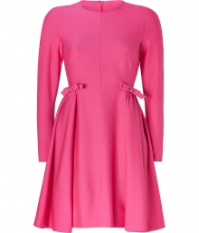 Fun in fuchsia with sweet side bows and a flattering fitted and flared silhouette, Valentinos long sleeve wool dress is a romantic way to wear the brands iconic look - Round neckline, long sleeves, hidden zippered cuffs, side bows, hidden back zip - Fitted bodice, full skirt - Wear with jet black minimalist accessories