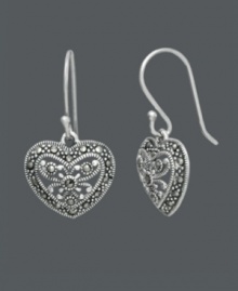 What's not to love about style that comes from the heart? Adorable Genevieve & Grace heart earrings feature a filigree design dusted with glittering marcasite accents. Set in sterling silver. Approximate drop: 1-1/8 inches. What's not to love about style that comes from the heart? Adorable Genevieve & Grace heart earrings feature a filigree design dusted with glittering marcasite accents. Set in sterling silver. Approximate drop: 1-1/8 inches.