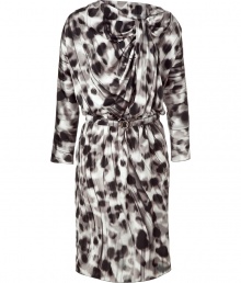 Channel classic elegance with a modern twist in this luxe Salvatore Ferragamo silk dress - Draped neckline with cascading fabric detail, long sleeves, detachable belt, all-over animal print with logo detail - Pair with sheer stockings, platform heels, and a fur bolero Channel classic elegance with a modern twist in this luxe Salvatore Ferragamo silk dress - Draped neckline with cascading fabric detail, long sleeves, detachable belt, all-over animal print with logo detail - Pair with sheer stockings, platform heels, and a fur bolero