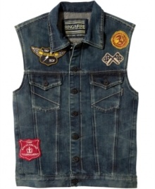 Rev up your wardrobe. Break out into biker gear with this edgy denim vest from Ring of Fire. Rev up your wardrobe. Break out into biker gear with this edgy denim vest from Ring of Fire.