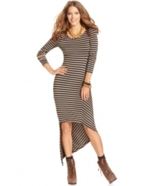 Graphic stripes and an asymmetrical high-low hem up the edge on this Bar III maxi dress -- perfect for an urban-chic look!