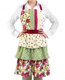 Show your flair for food and fashion with the Rose Kiss apron. Tiny buds and luscious blooms are layered with bright geometrics in this fabulously ruffled design, all in a fuss-free, machine washable fabric. Show your flair for food and fashion with the Rose Kiss apron. Tiny buds and luscious blooms are layered with bright geometrics in this fabulously ruffled design, all in a fuss-free, machine washable fabric.