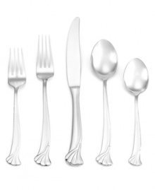 A breath of fresh air, Ginkgo Leaf flatware lends unconventional style to casual dining with a fluid handle design and botanical detail. Stainless steel place settings shine bright and look impeccable, meal after meal. A breath of fresh air, Ginkgo Leaf flatware lends unconventional style to casual dining with a fluid handle design and botanical detail. Stainless steel place settings shine bright and look impeccable, meal after meal.