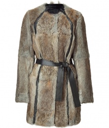 With its cool pieced patterning and exquisitely soft rabbit fur, this belted coat from Faith Connexion is a luxury investment tailored to multi-season sophistication - Collarless, long sleeves, leather accents, self-tie sash, slim fit - Style with a crisp white top, leather leggings, and chic ankle boots With its cool pieced patterning and exquisitely soft rabbit fur, this belted coat from Faith Connexion is a luxury investment tailored to multi-season sophistication - Collarless, long sleeves, leather accents, self-tie sash, slim fit - Style with a crisp white top, leather leggings, and chic ankle boots