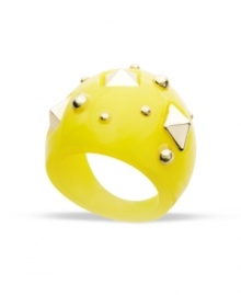 A sublime mix of bold color and don't mess with me style. Bar III's eye-catching cocktail ring features a yellow resin dome-shaped design accented with gold-plated mixed metal studs for extra edge. Size 7. A sublime mix of bold color and don't mess with me style. Bar III's eye-catching cocktail ring features a yellow resin dome-shaped design accented with gold-plated mixed metal studs for extra edge. Size 7.