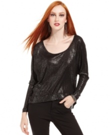 Add high-shine to your look with this metallic Bar III top in a stylishly slouchy shape!