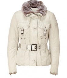 Your cold weather look just got more stylish with this luxe fitted down jacket from Peuterey - Large rabbit fur collar, concealed zipper closure, long sleeves with logo detail, flap pockets, belted waist, slim fit, water repellent - Wear with an elevated jeans-and-tee ensemble or a workweek-chic look Your cold weather look just got more stylish with this luxe fitted down jacket from Peuterey - Large rabbit fur collar, concealed zipper closure, long sleeves with logo detail, flap pockets, belted waist, slim fit, water repellent - Wear with an elevated jeans-and-tee ensemble or a workweek-chic look