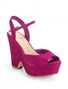 THE LOOKSuede peep toe upperAdjustable ankle strapPadded insoleSelf-covered wedge, 5 (125mm)Self-covered platform, 1½ (40mm)Compares to a 3½ heel (90mm)THE MATERIALSuede upperLeather lining and soleORIGINImported