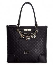 Find the one you've been waiting for with the Amour tote from GUESS. Shiny goldtone hardware and fun charm & chain detailing give glam appeal to this adorable design. Find the one you've been waiting for with the Amour tote from GUESS. Shiny goldtone hardware and fun charm & chain detailing give glam appeal to this adorable design.
